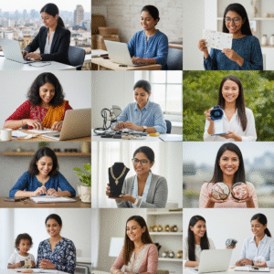 About us A diverse group of smiling Indian women entrepreneurs, some working on laptops, others proudly displaying their products, with subtle hints of family life in the background.
