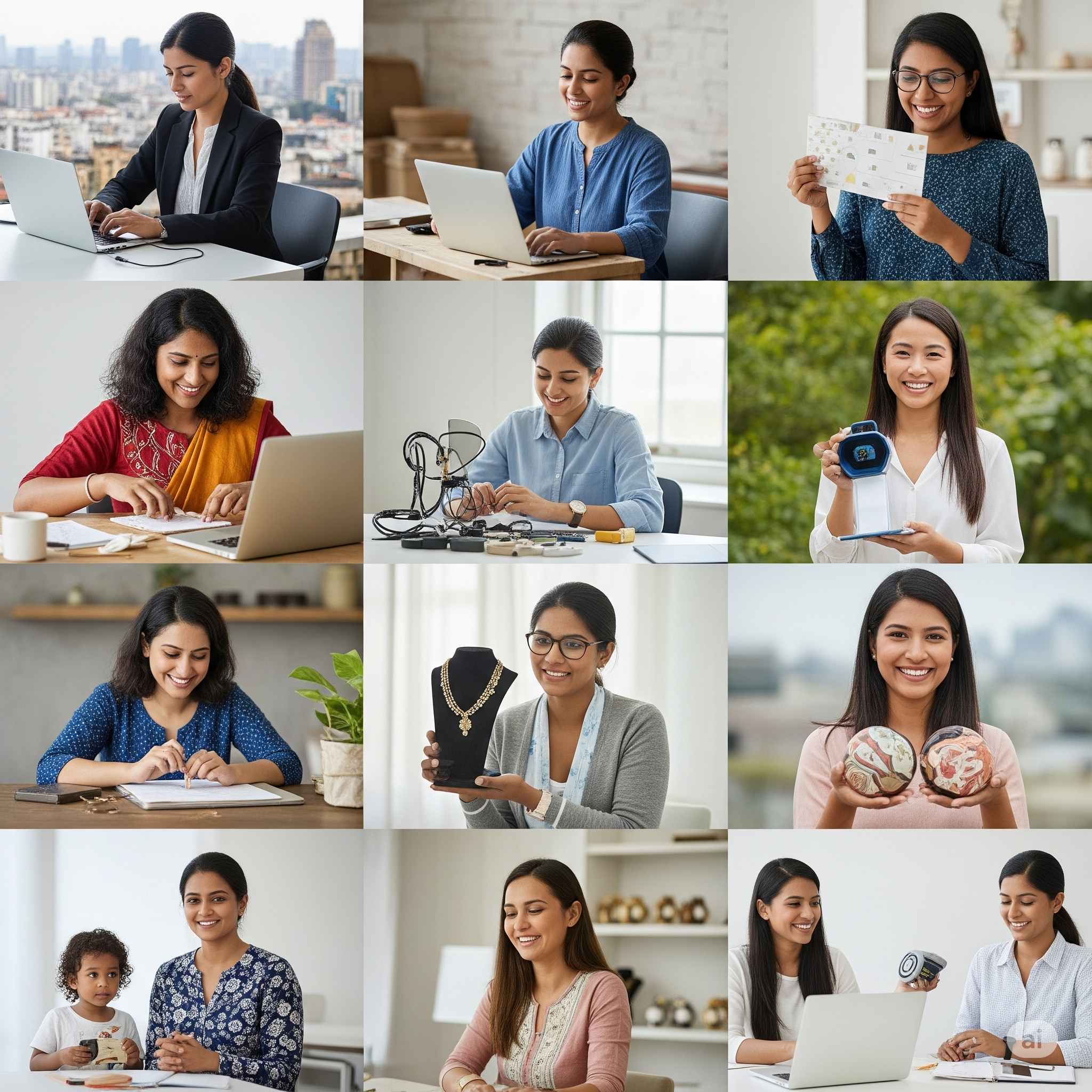 A diverse group of smiling Indian women entrepreneurs, some working on laptops, others proudly displaying their products, with subtle hints of family life in the background.