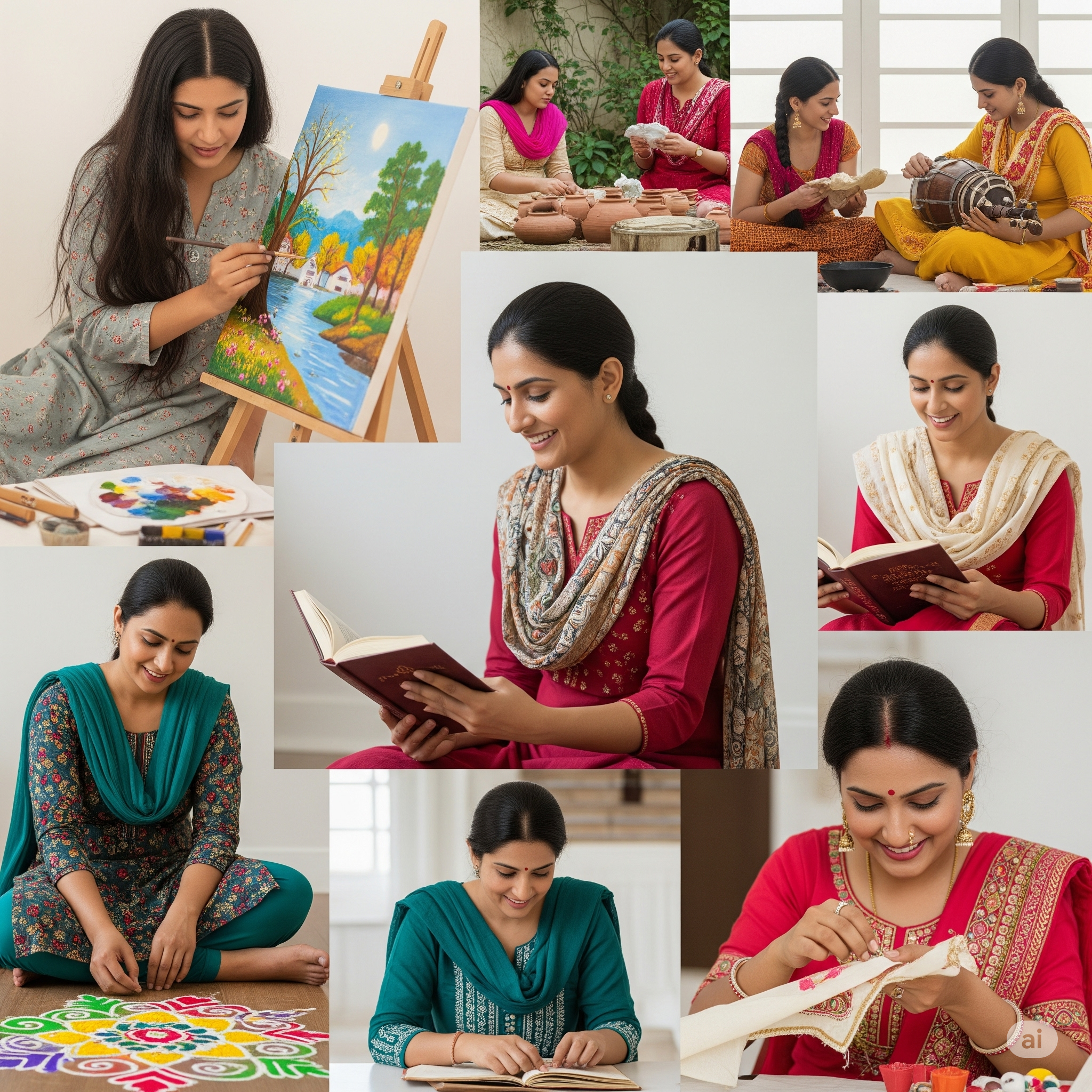 A vibrant collage of Indian women engaged in diverse hobbies including painting a landscape, making clay diyas, woodworking/carving, playing a djembe-like drum, creating a colorful rangoli, reading books, and doing intricate embroidery. Each woman appears focused and joyful in her chosen activity.
