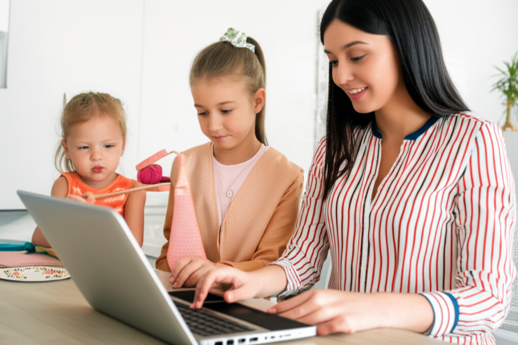 An Indian mother working on her laptop at a table while her two young daughters engage in quiet activities beside her.