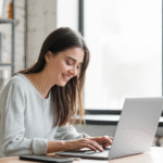 A smiling Indian woman working on a laptop at a desk in a bright, comfortable home setting.