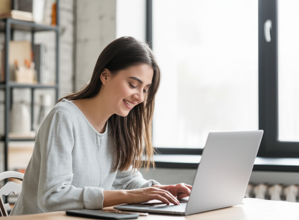 A smiling Indian woman working on a laptop at a desk in a bright, comfortable home setting.