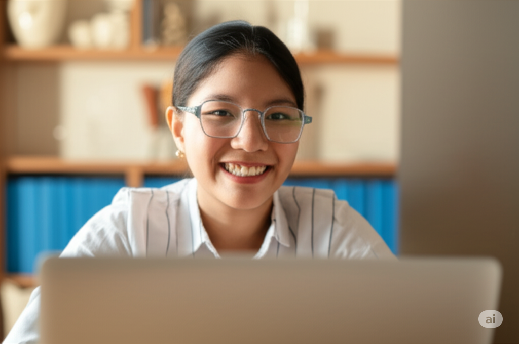 A smiling young Indian woman looking confidently at a laptop screen, suggesting the excitement of starting an online business.