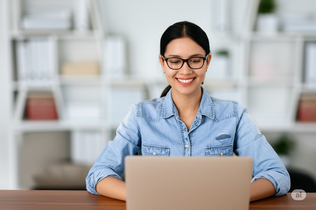 A happy Indian woman looking at her laptop screen, suggesting the ease and satisfaction of setting up a store on Familywala.