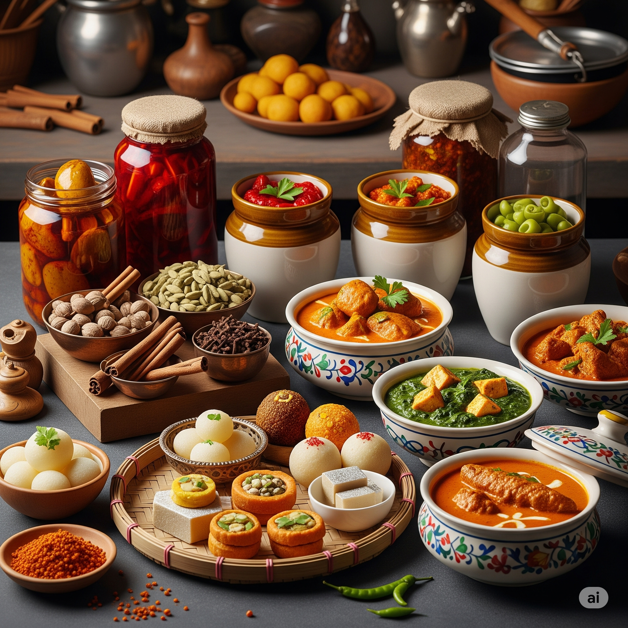 A detailed image of artisanal Indian food items, homemade pickles, spices, and sweets, prepared using traditional recipes.
