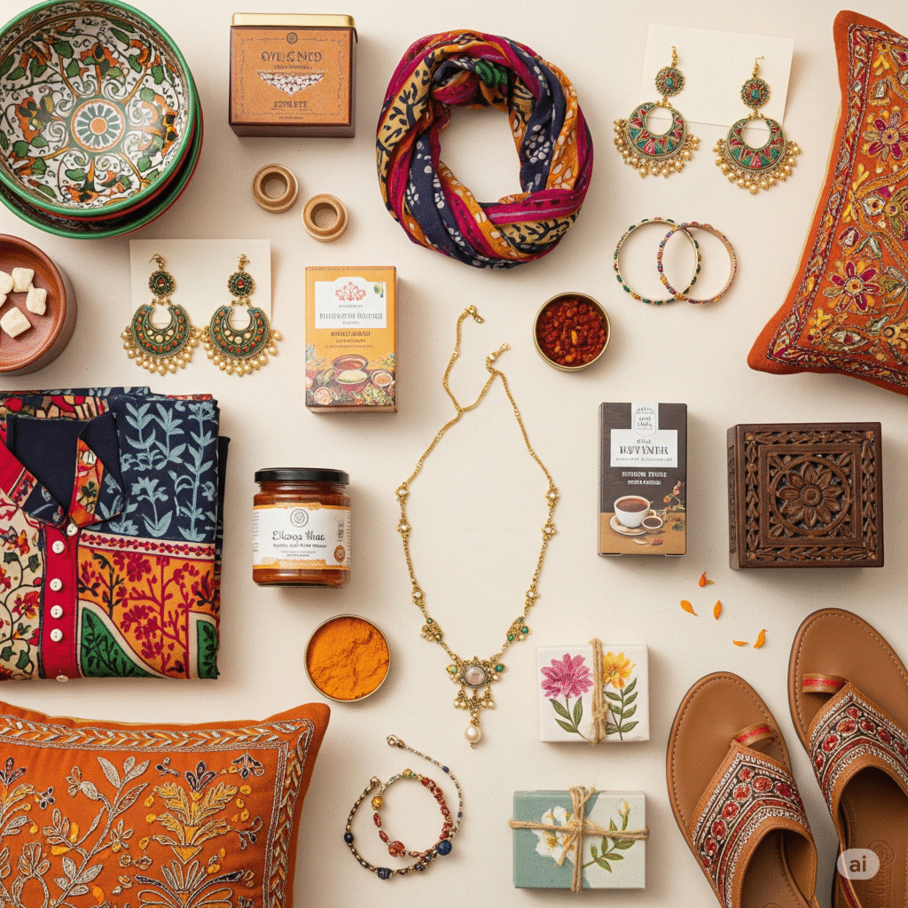 A detailed flat lay of various trending handmade products from Familywala, including jewelry, home decor, clothing, and artisanal food items, all with an Indian aesthetic.