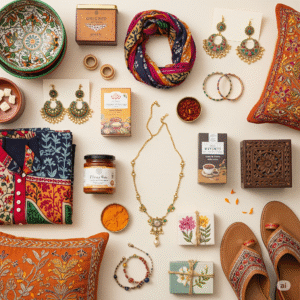 A detailed flat lay of various trending handmade products from Familywala, including jewelry, home decor, clothing, and artisanal food items, all with an Indian aesthetic.