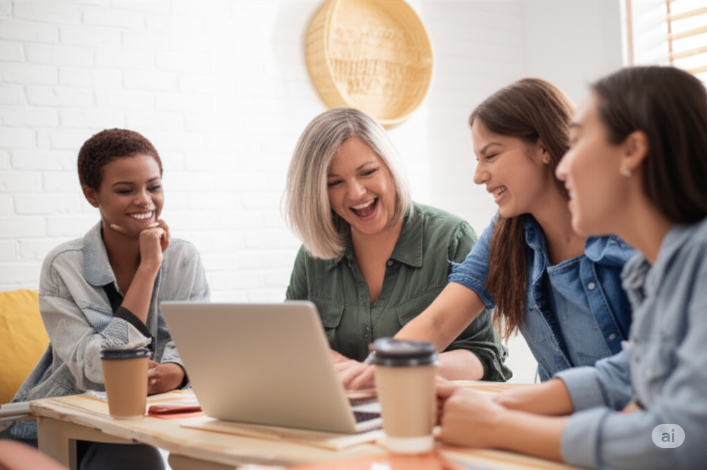 A group of four diverse women entrepreneurs laughing and looking at a laptop screen, signifying the joy of shared achievements and community support.