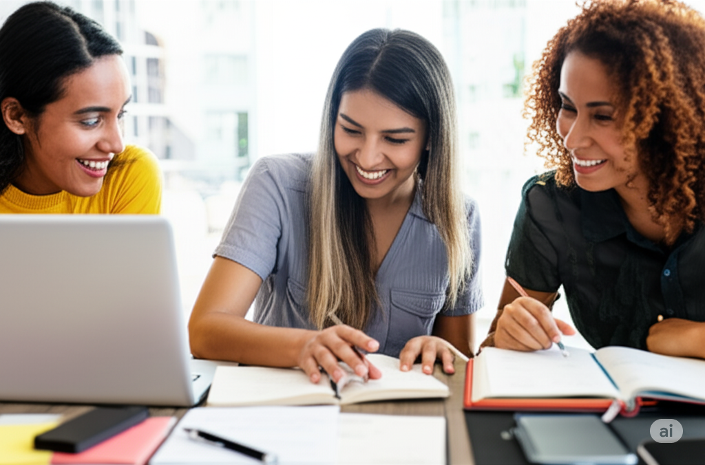 Three Indian women entrepreneurs intently looking at notebooks and a laptop, one woman pointing to something in her notebook, suggesting knowledge sharing and mentorship.