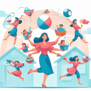 A flat illustration of a multi-armed, smiling woman simultaneously juggling a child in a basket, another child's toy, a beach ball, a clock, a scale, and a shopping basket, with houses in the background.