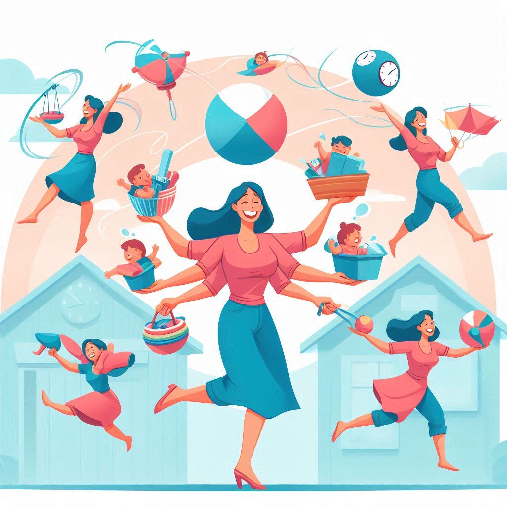 A flat illustration of a multi-armed, smiling woman simultaneously juggling a child in a basket, another child's toy, a beach ball, a clock, a scale, and a shopping basket, with houses in the background.