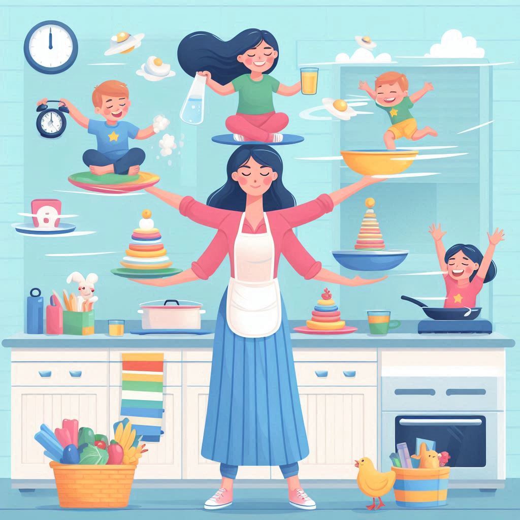A colorful flat illustration of a multi-armed, smiling Indian woman in a kitchen setting, simultaneously juggling two children, a clock, a coffee cup, and kitchen items, representing her busy but joyful mompreneur life.