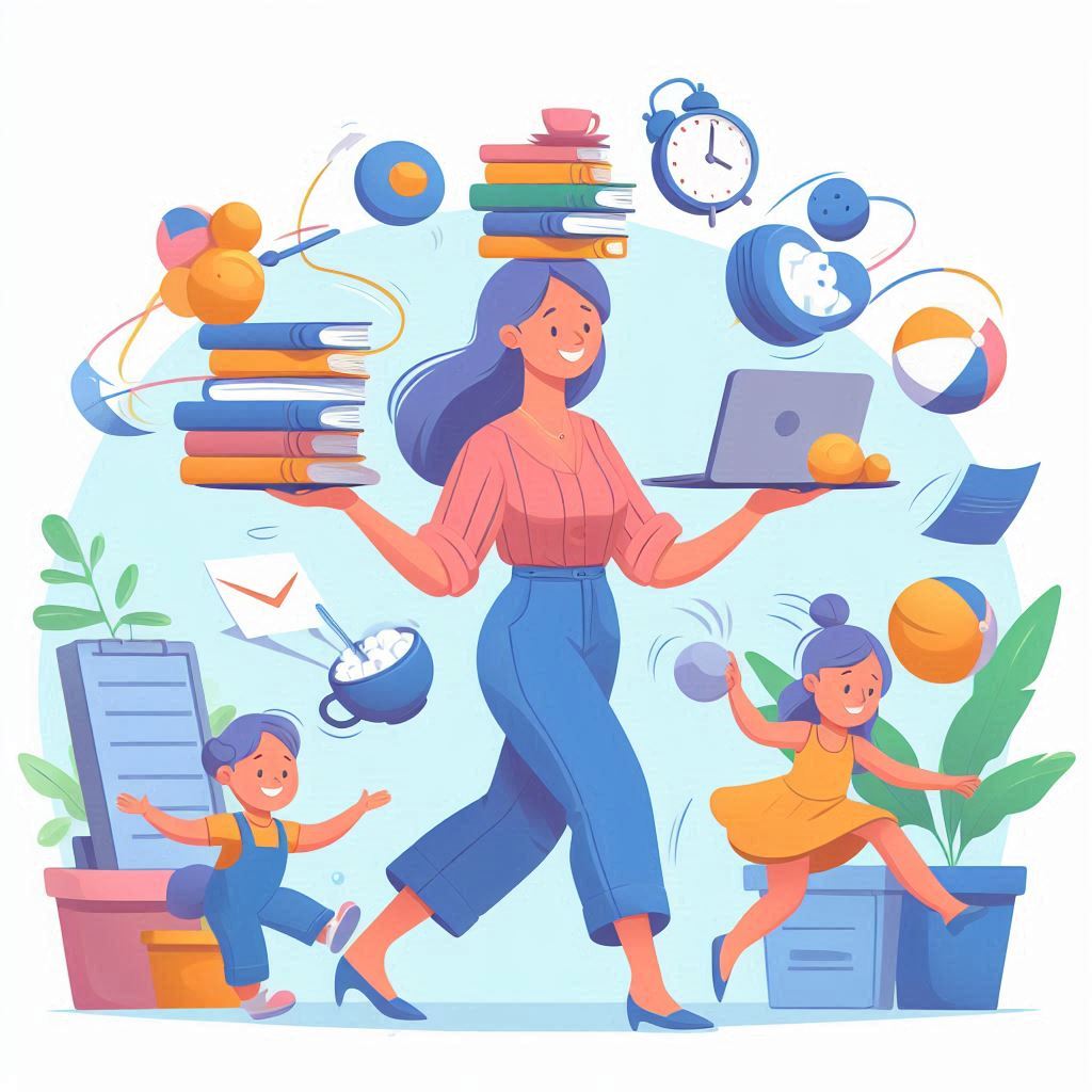 An illustration of a woman gracefully balancing multiple stacks of books, a laptop, an alarm clock, and a cup, while two children play around her, symbolizing multitasking and time management.