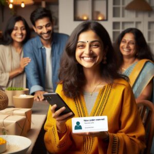 Indian woman entrepreneur celebrating her first sale with family at home.