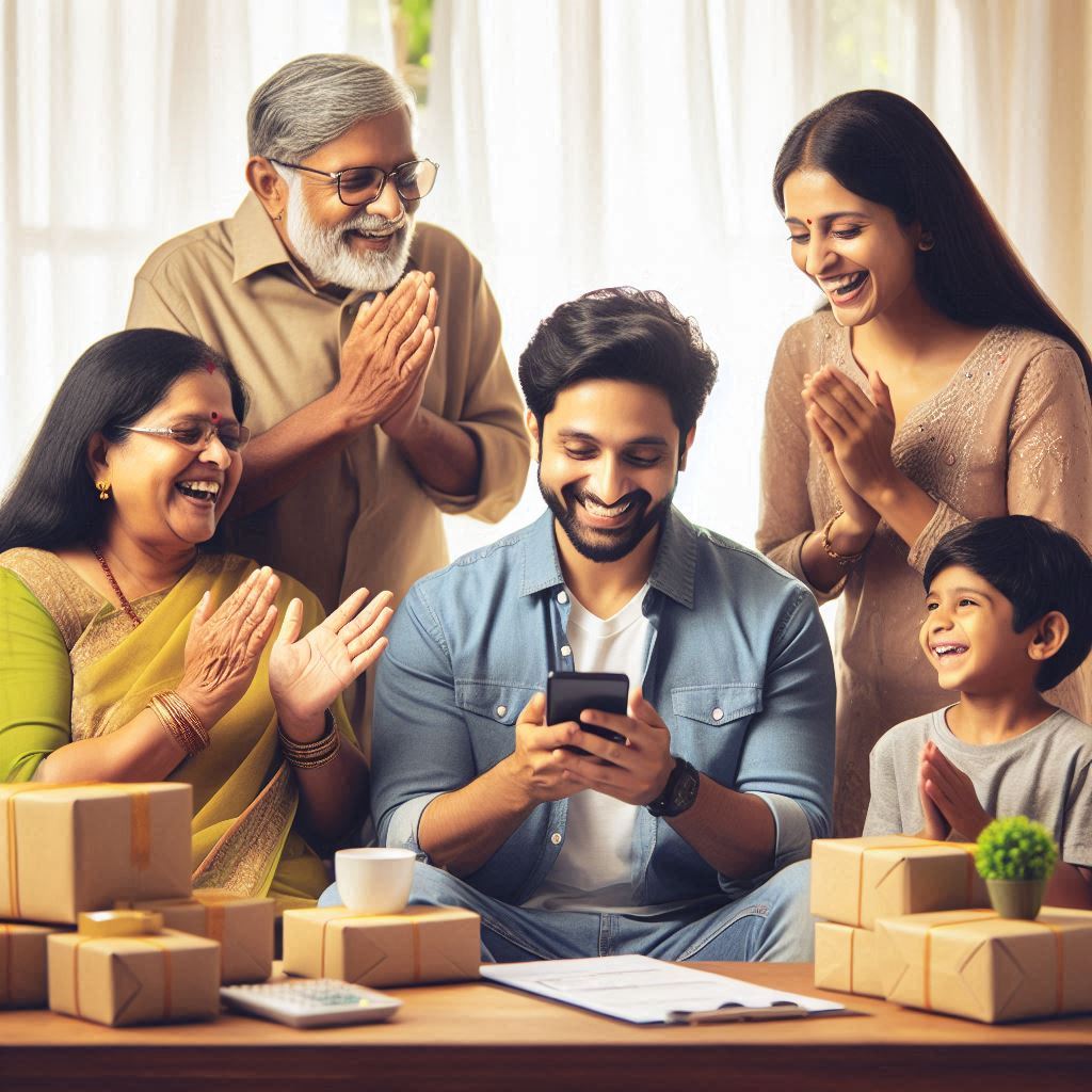 Family celebrating first online sale from home-based business