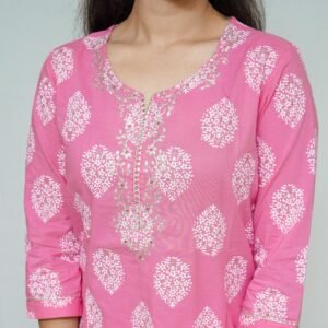 Women Block Print Pure Cotton Straight Kurta (Pink)