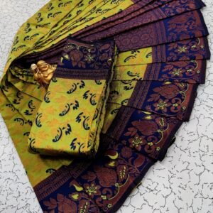 Yellow and Navy Blue Banarasi Silk Saree with Zari Border and Pallu