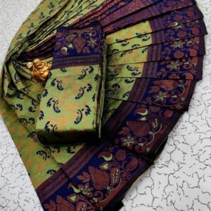 Green and Navy Blue Banarasi Art Silk Saree with Copper Zari Floral Border