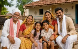Happy Indian village family smiling together outside traditional rural home for Familywala storytelling campaign.