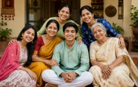 Happy Indian family with strong women members smiling together for Familywala storytelling campaign.