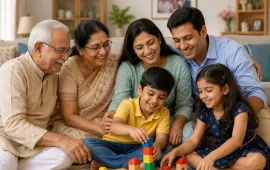 Happy Indian family playing together at home with grandparents, parents and children for Familywala storytelling campaign.
